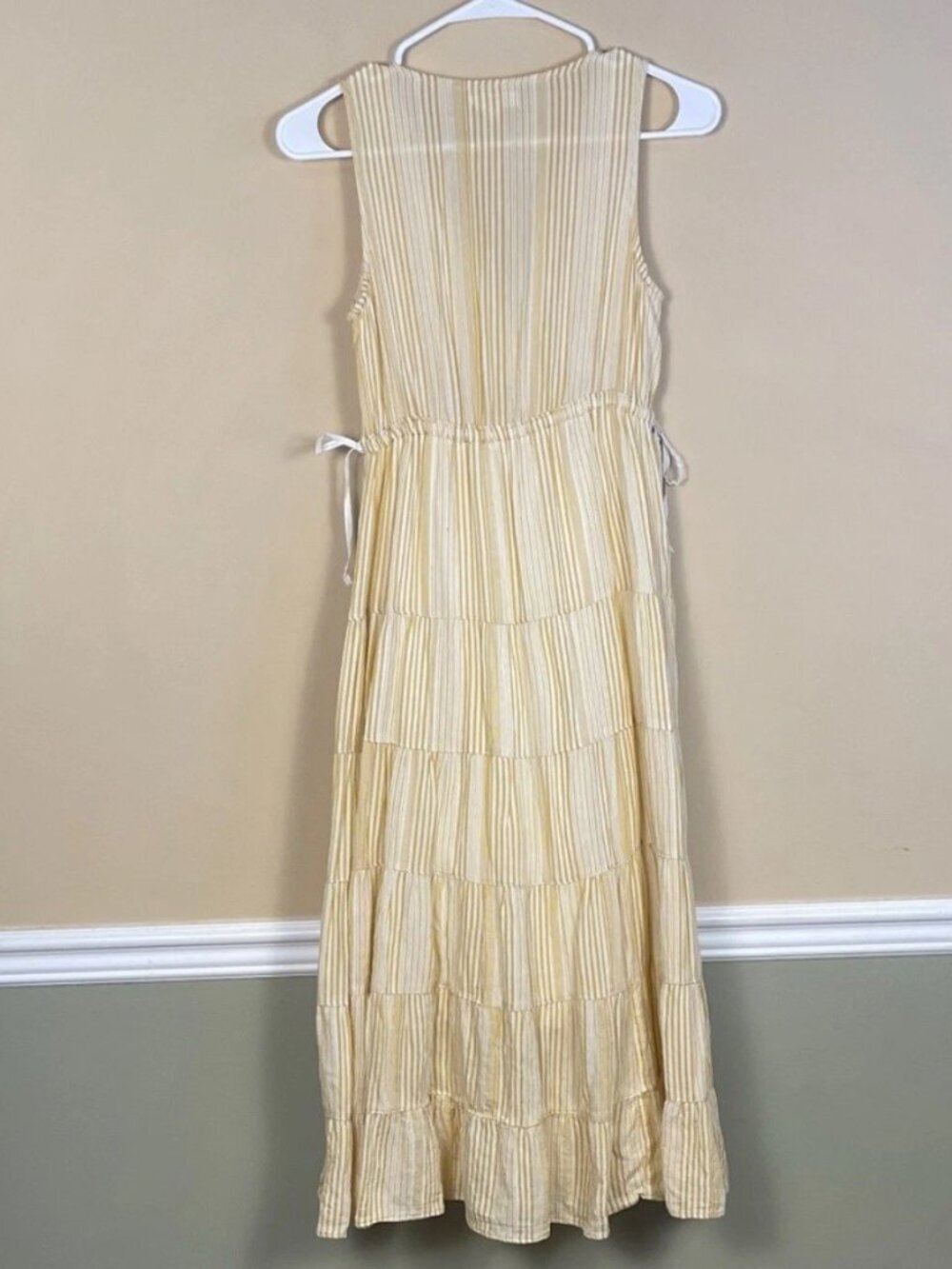 Max Studio Women’s Striped Yellow White Side Ties Tiered Tank Maxi Midi Dress - Picture 2 of 8